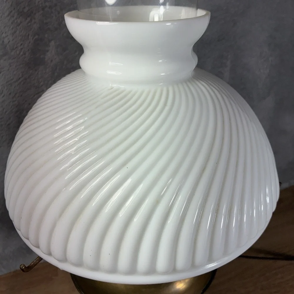 Vintage Brass Rayo Electrified Oil Lamp-Glass Chimney & White Milk Glass Shade